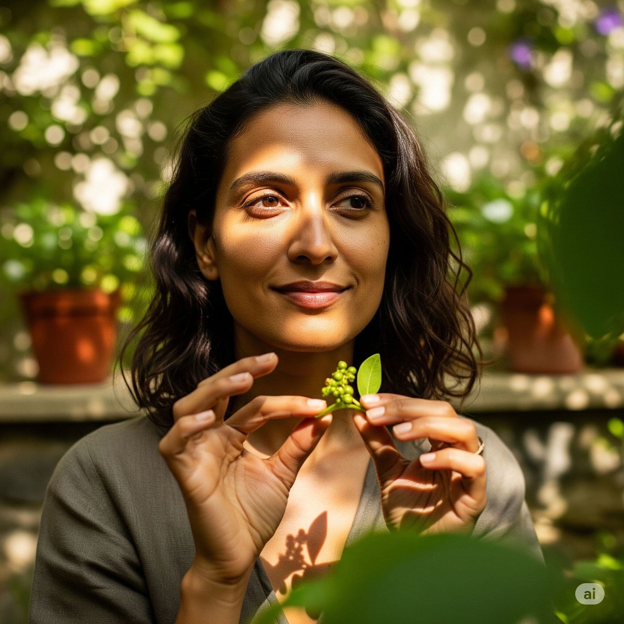 Woman holding a herb sprig in a sunlit garden