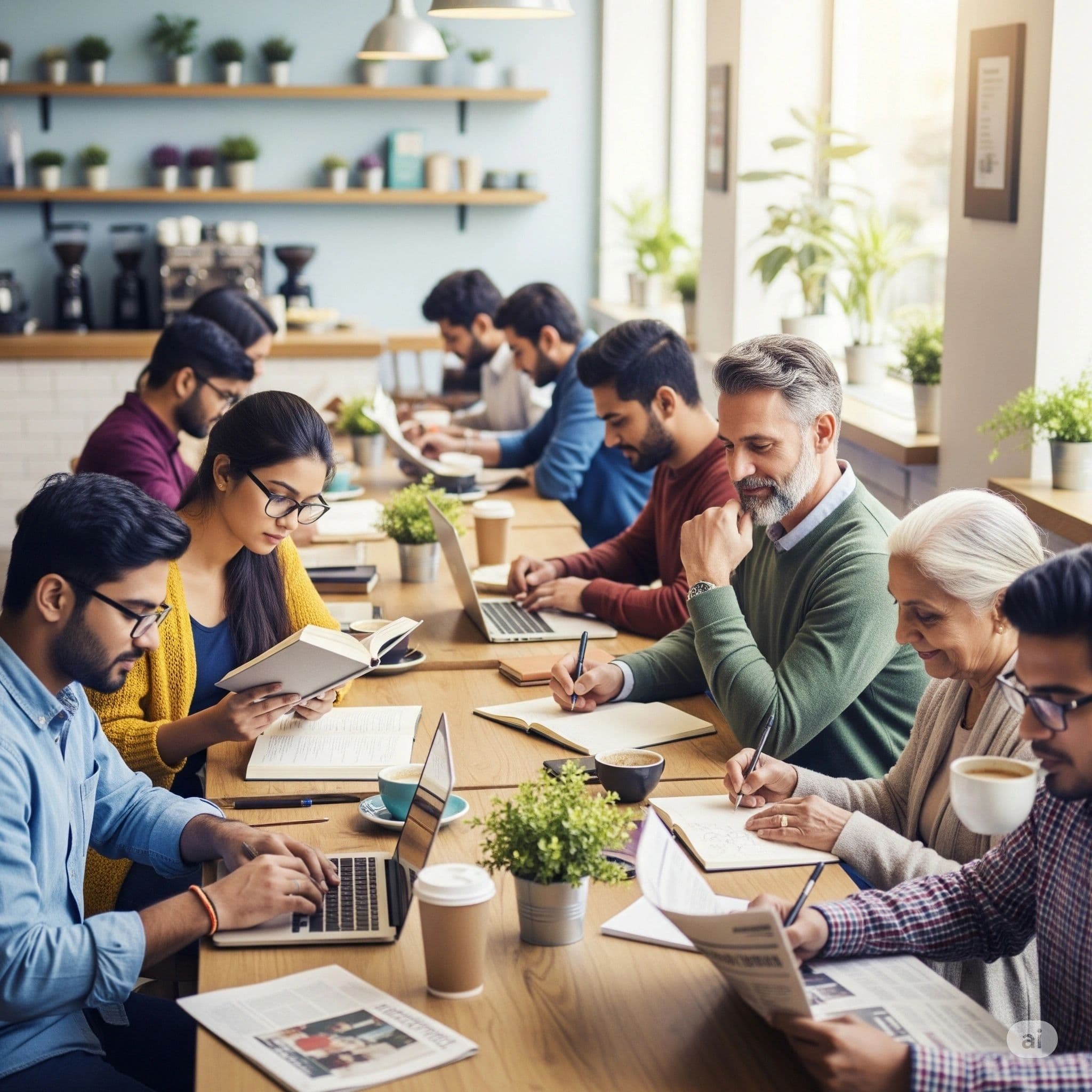 People focused at work in a bright café