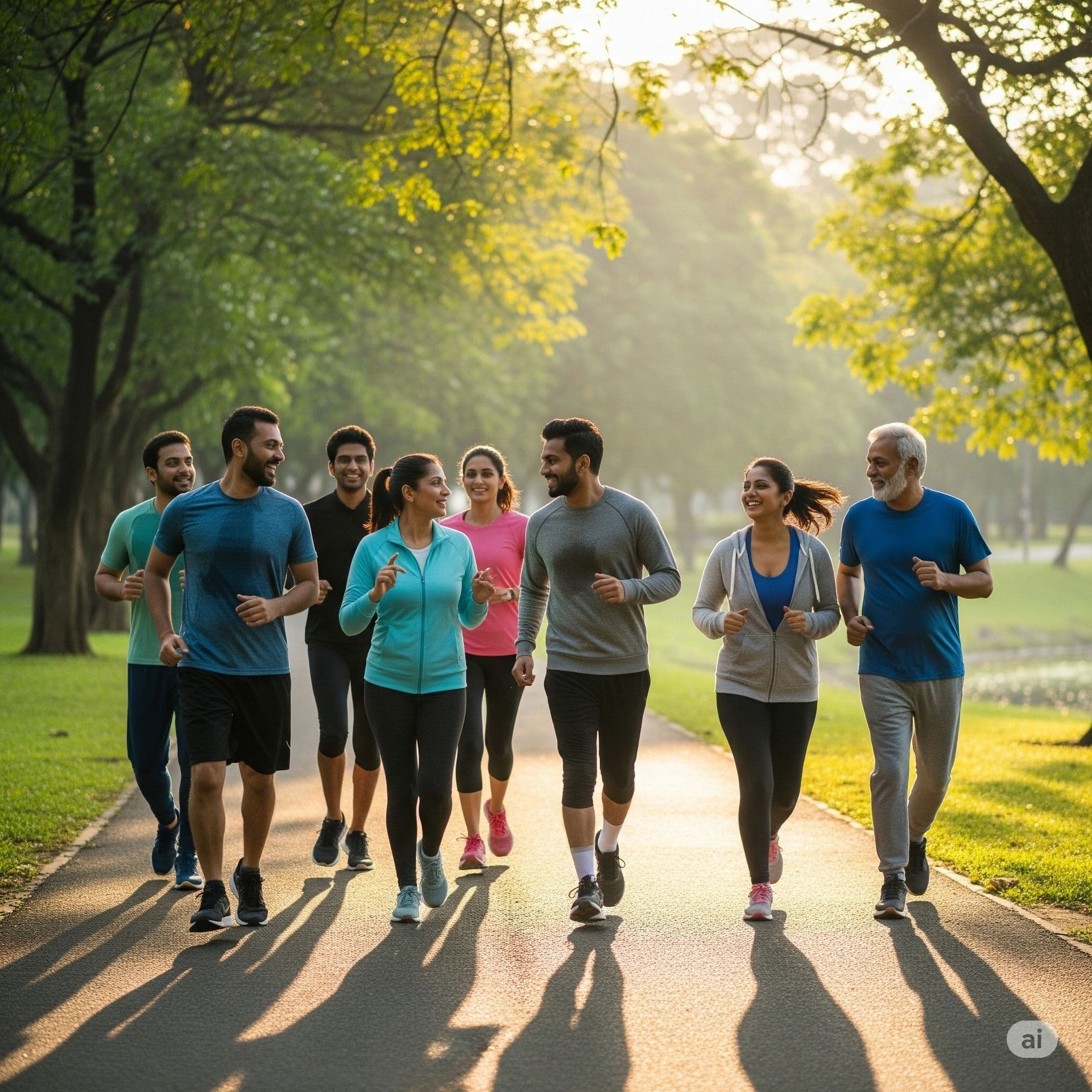 Group jogging at sunrise in a park