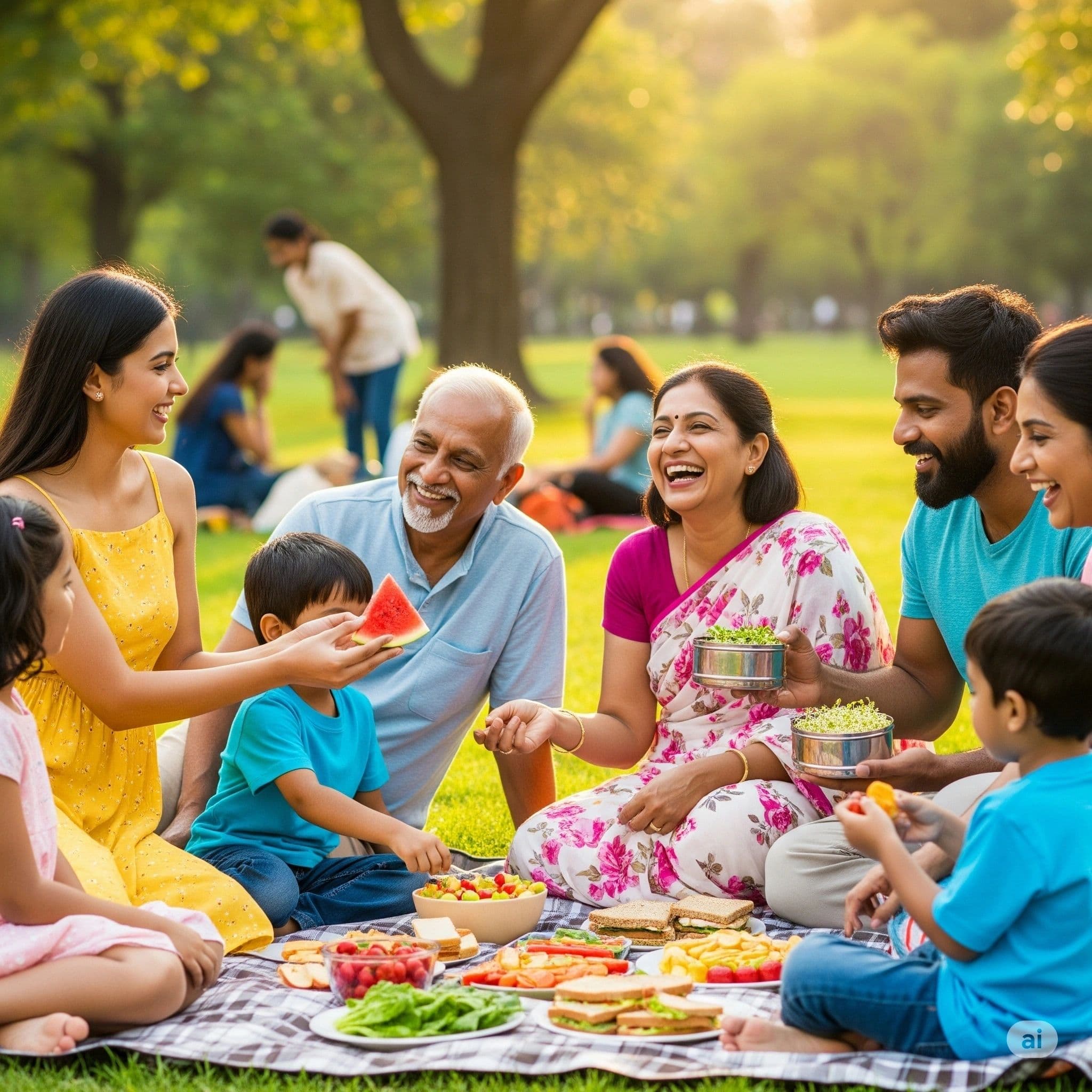 Multi-generational family enjoying a picnic