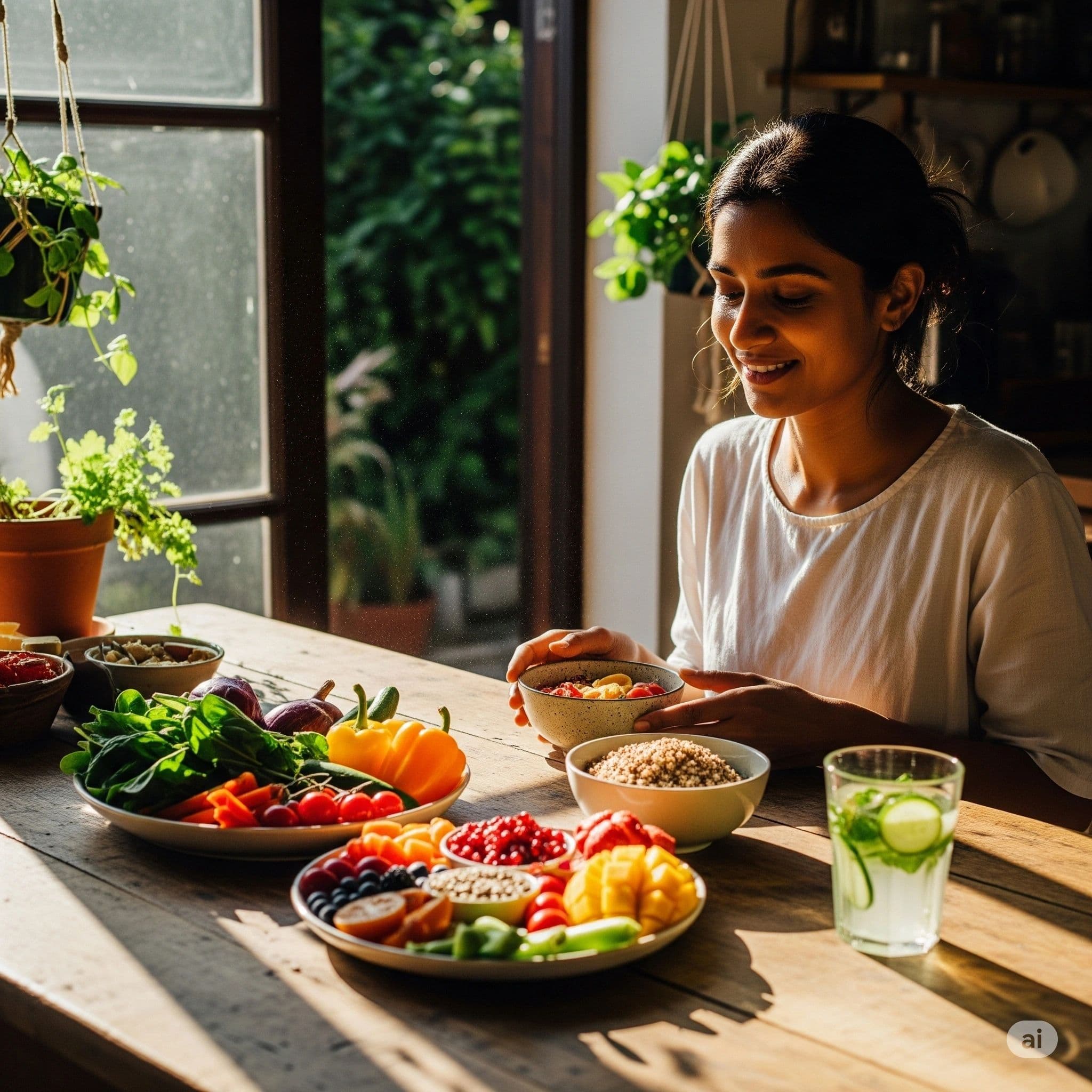 Woman at a table with bowls of fresh fruit and vegetables
