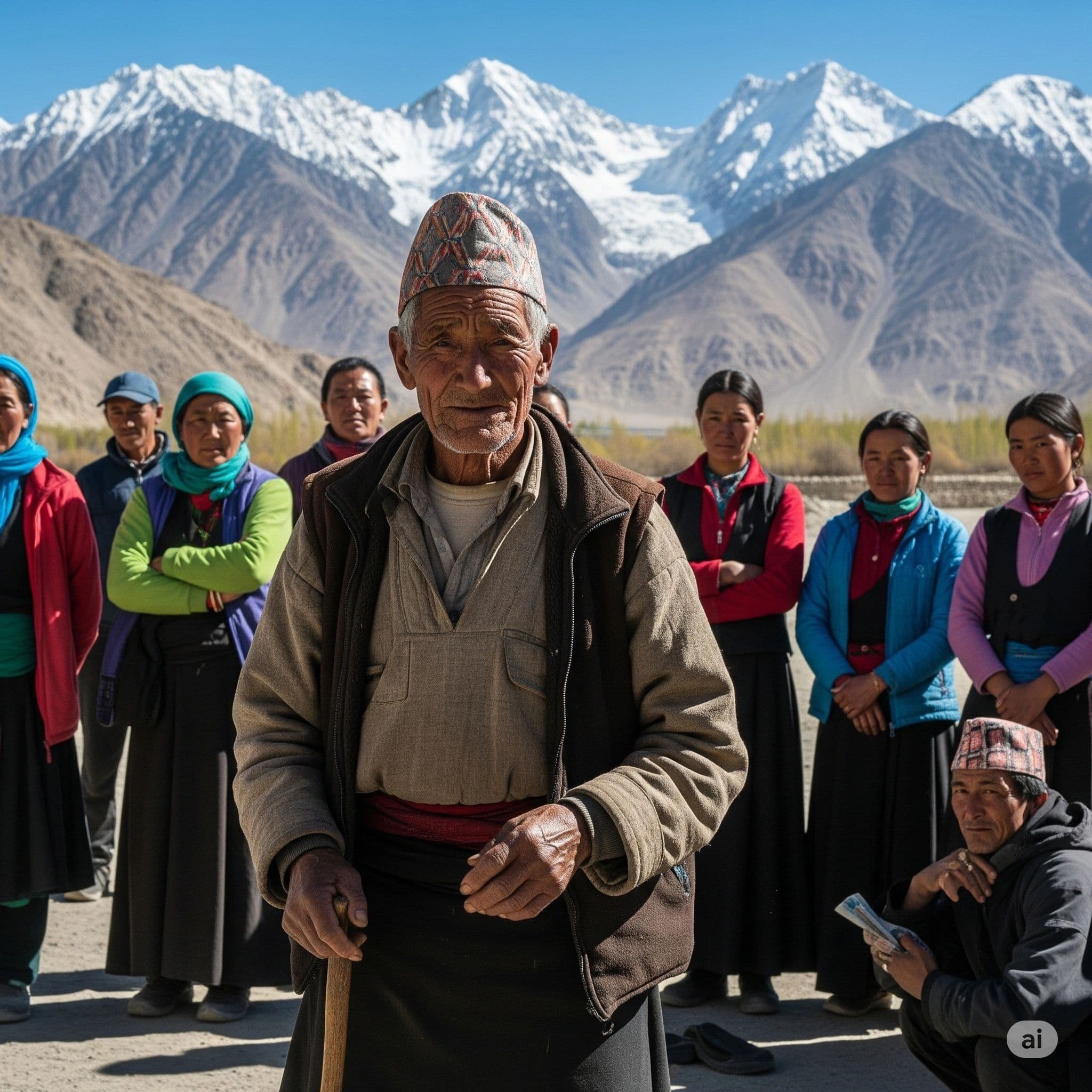Elderly Ladakhi people in front of the high Himalayan mountains